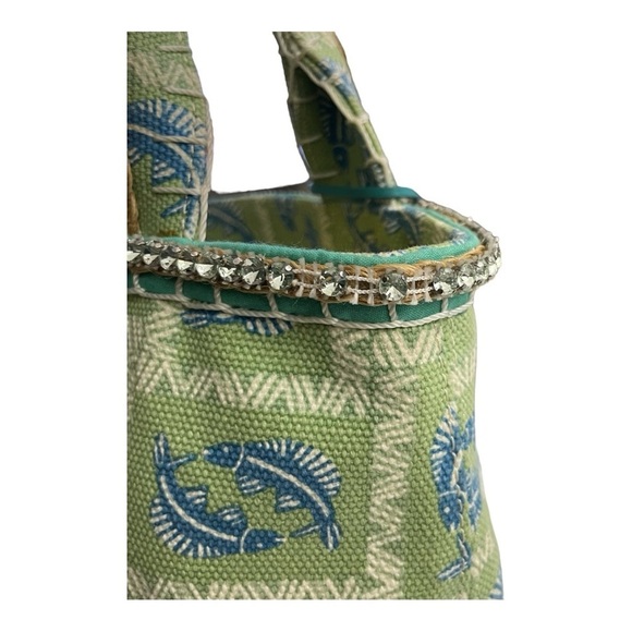 Sigrid Olsen Green tote with Blue fish pattern vintage. Canvas, Rhinestones - Picture 11 of 13